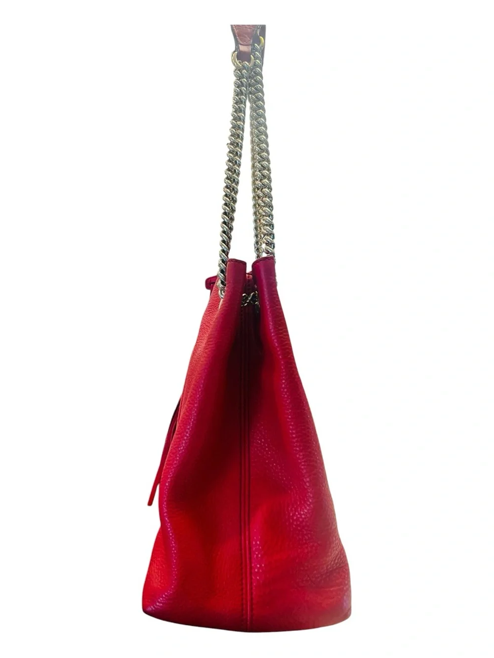 Gucci Soho Red Pebbled Leather Chain Tote Shoulder Bag GG Tassel Gold Dust Bag